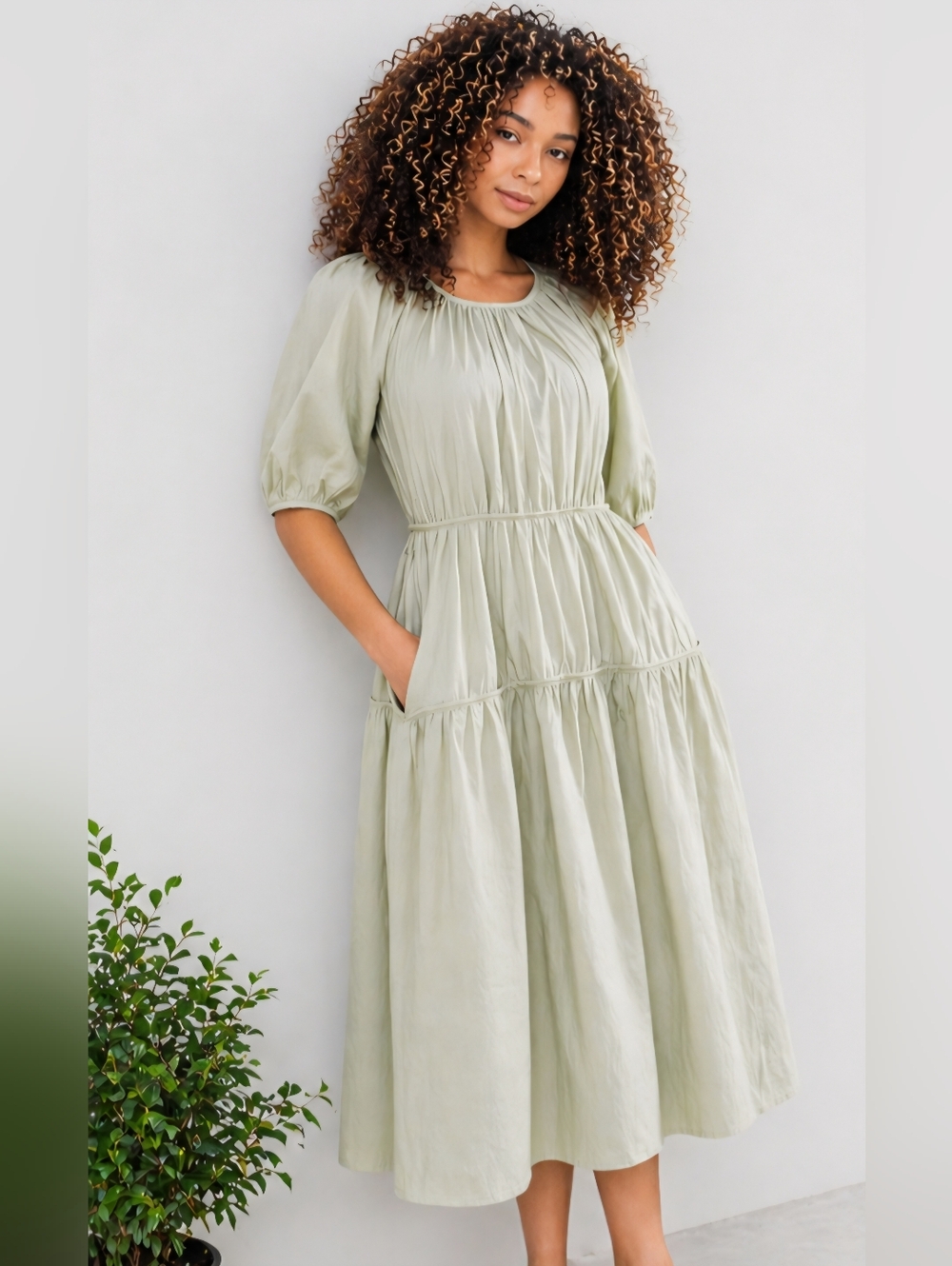 Melloday Sage Green Tiered, Puff Sleeve, Pockets, Boho Dress Size Xs.